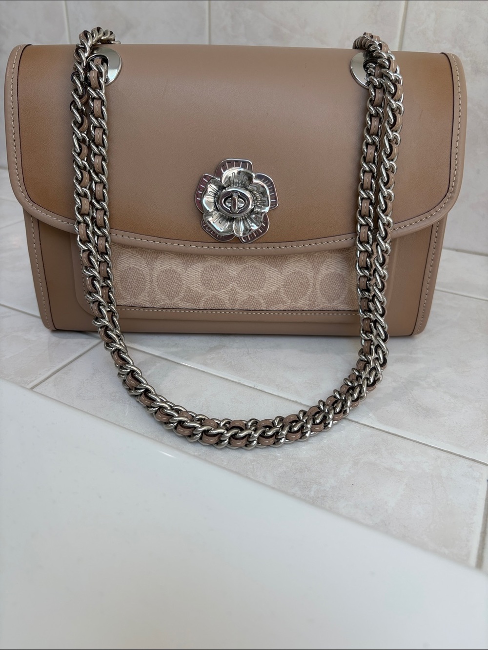 Coach Parker Shoulder Bag in Signature Logo, Calf Leather, and Silver Chain - Picture 2 of 13